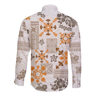 Hawaii Tapa Tribal Long Sleeve Button Shirt With Hawaiian Quilt Pattern Gold LT9 - Polynesian Pride