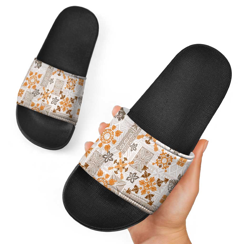 Hawaii Tapa Tribal Slide Sandals With Hawaiian Quilt Pattern Gold LT9 - Polynesian Pride
