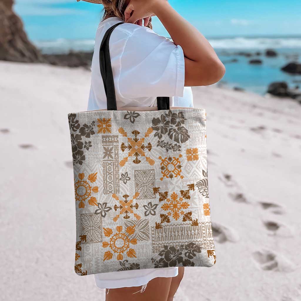 Hawaii Tapa Tribal Tote Bag With Hawaiian Quilt Pattern Gold - Polynesian Pride