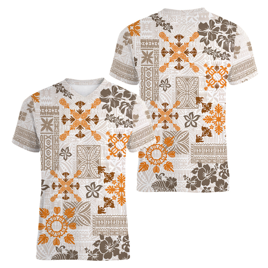 Hawaii Tapa Tribal Women V Neck T Shirt With Hawaiian Quilt Pattern Gold LT9 - Polynesian Pride