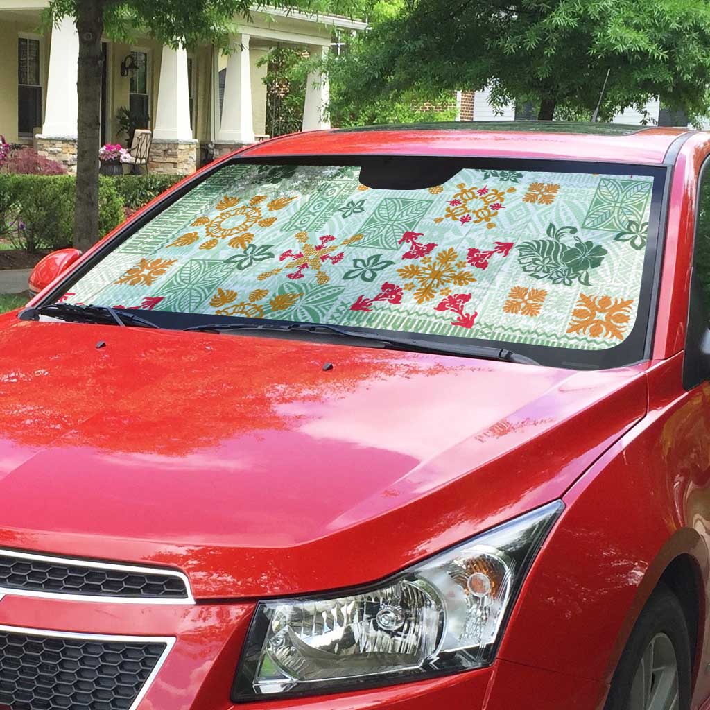 Hawaii Tapa Tribal Auto Sun Shade With Hawaiian Quilt Pattern Green - Polynesian Pride