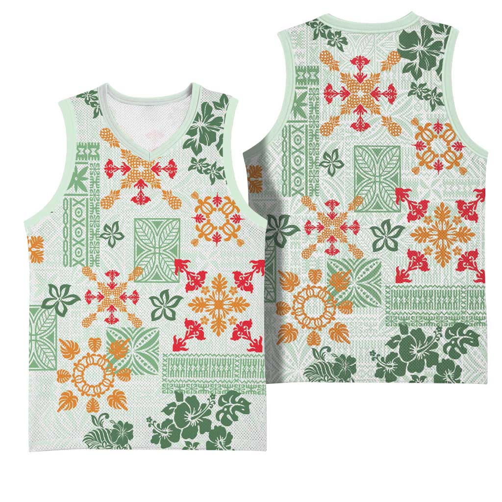 Hawaii Tapa Tribal Basketball Jersey With Hawaiian Quilt Pattern Green - Polynesian Pride