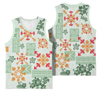 Hawaii Tapa Tribal Basketball Jersey With Hawaiian Quilt Pattern Green - Polynesian Pride