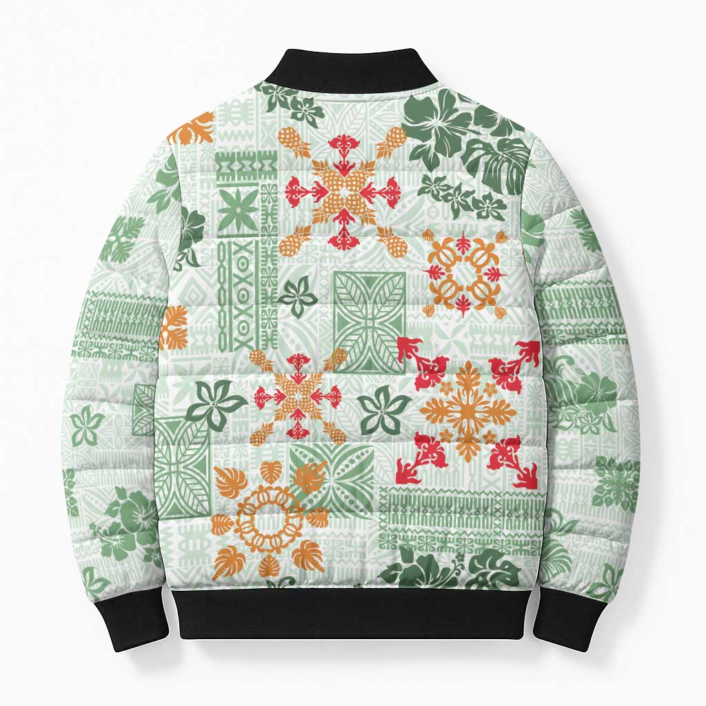 Hawaii Tapa Tribal Bomber Puffer Jacket With Hawaiian Quilt Pattern Green - Polynesian Pride