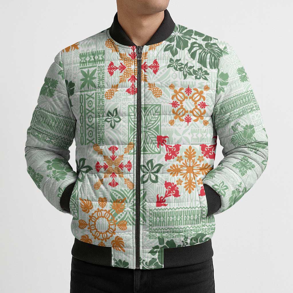 Hawaii Tapa Tribal Bomber Puffer Jacket With Hawaiian Quilt Pattern Green - Polynesian Pride