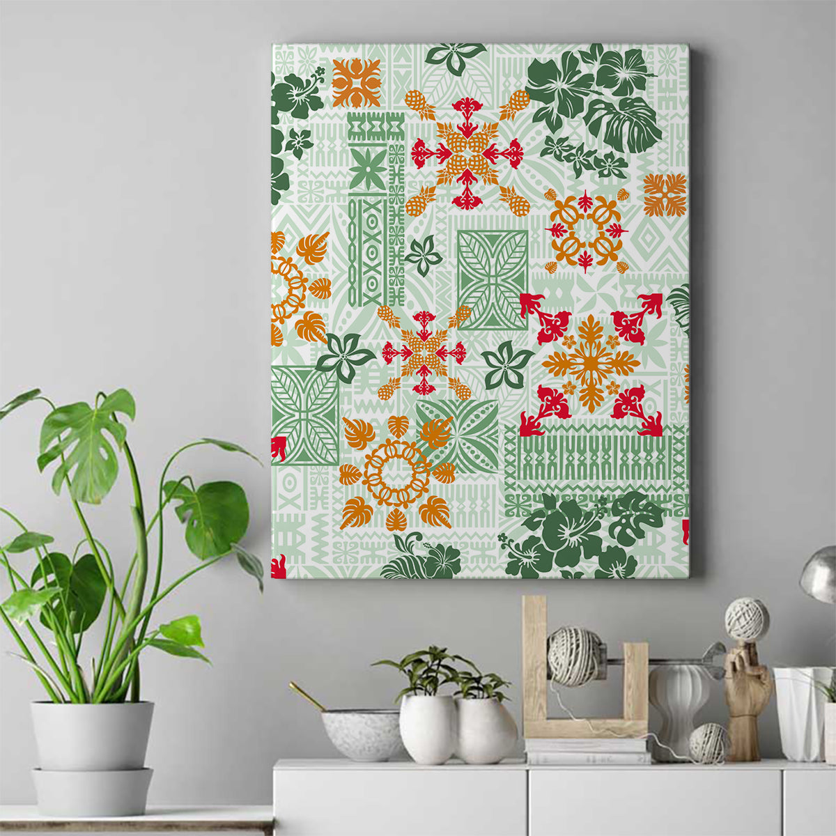 Hawaii Tapa Tribal Canvas Wall Art With Hawaiian Quilt Pattern Green LT9 Green - Polynesian Pride