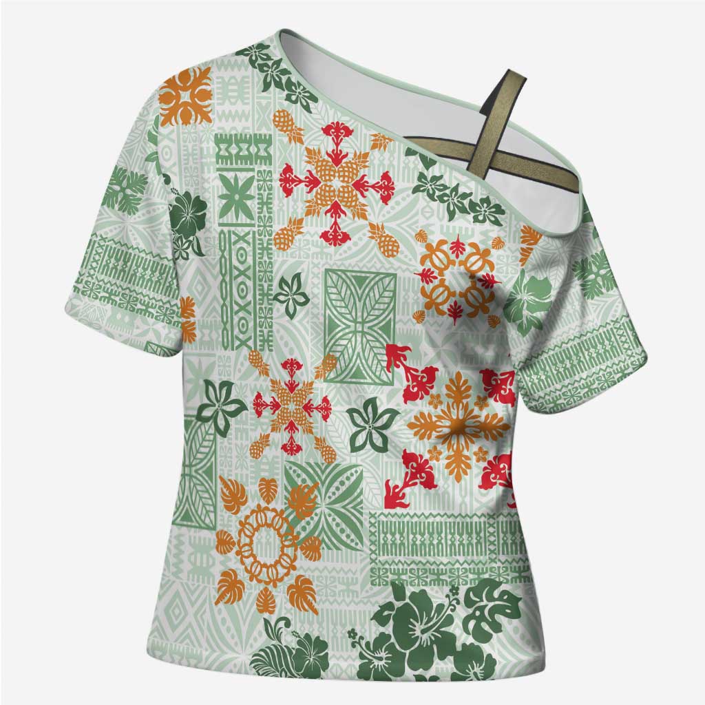 Hawaii Tapa Tribal Cross Shoulder Shirt With Hawaiian Quilt Pattern Green - Polynesian Pride