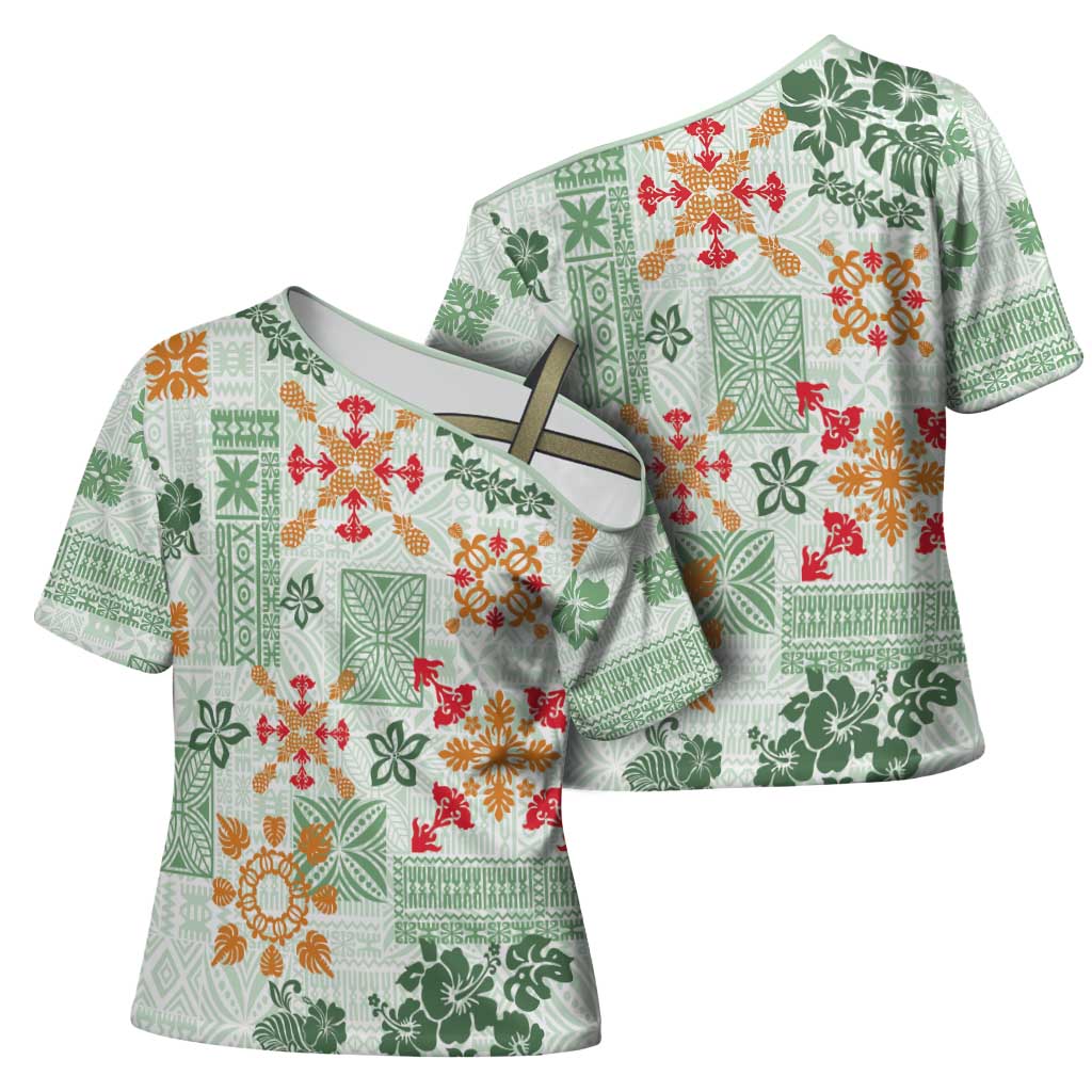 Hawaii Tapa Tribal Cross Shoulder Shirt With Hawaiian Quilt Pattern Green - Polynesian Pride