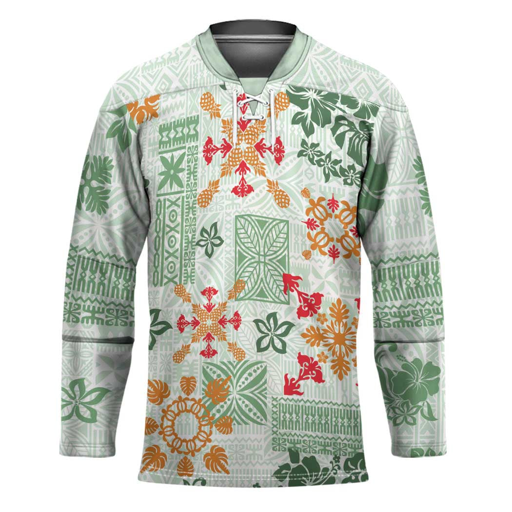 Hawaii Tapa Tribal Hockey Jersey With Hawaiian Quilt Pattern Green - Polynesian Pride