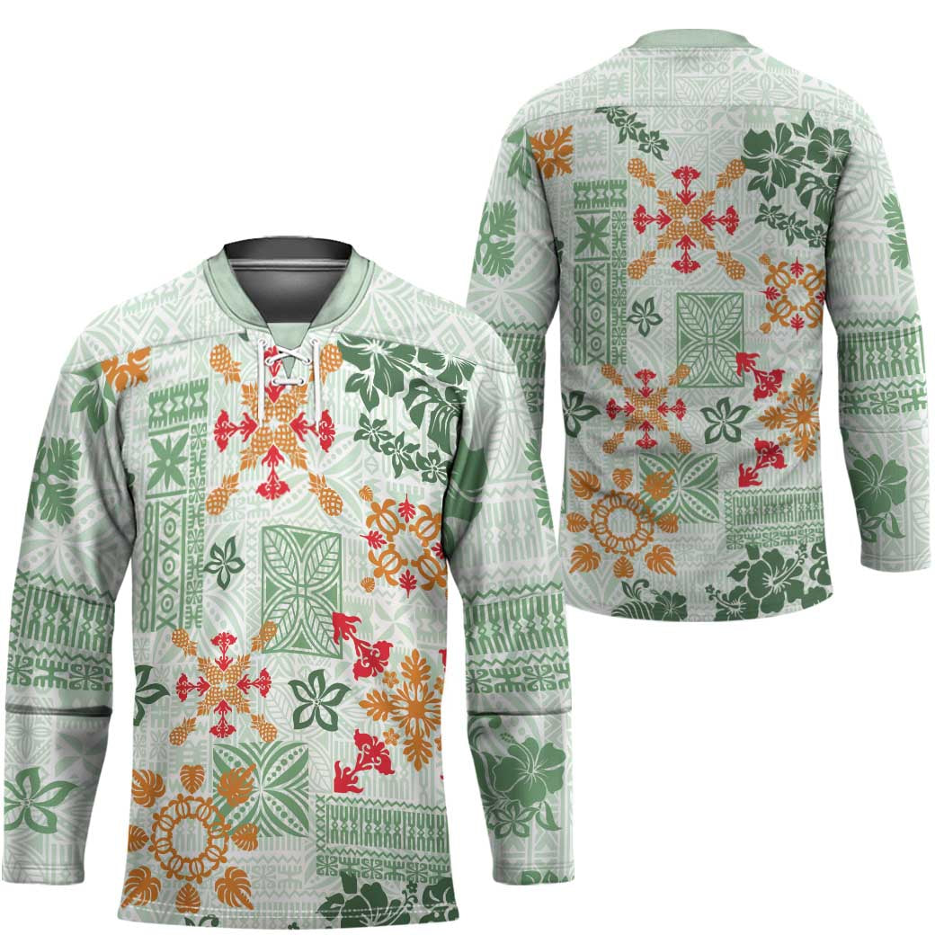 Hawaii Tapa Tribal Hockey Jersey With Hawaiian Quilt Pattern Green - Polynesian Pride