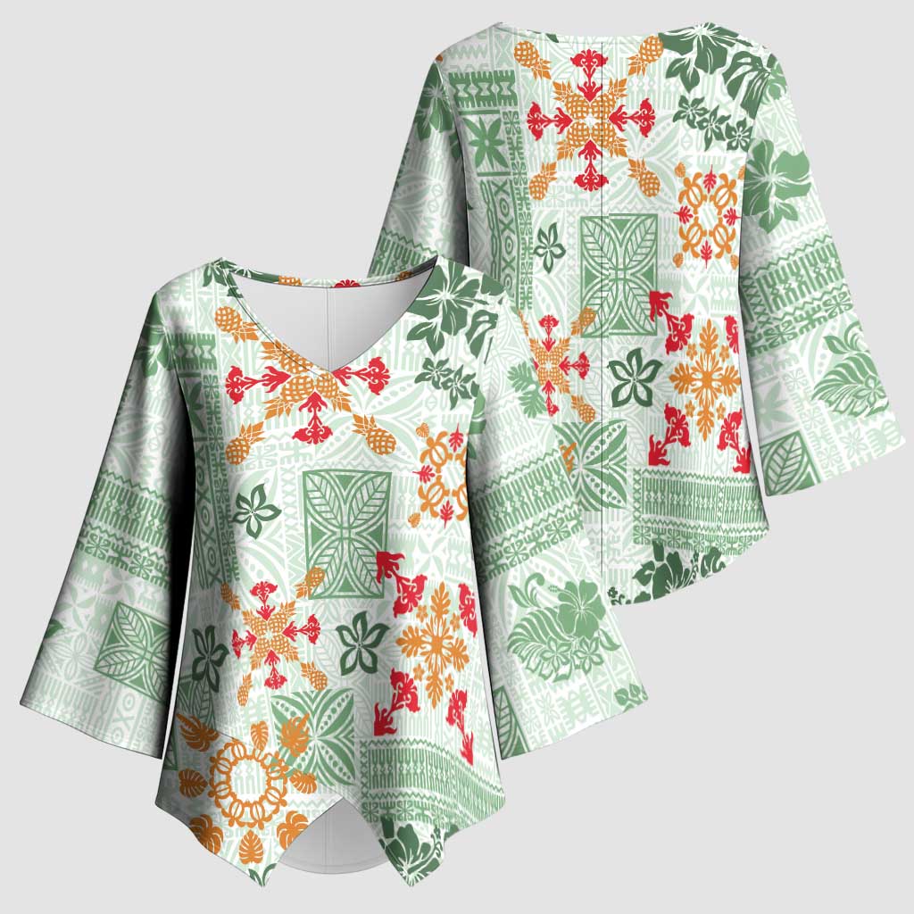 Hawaii Tapa Tribal Kimono Sleeve Blouse With Hawaiian Quilt Pattern Green - Polynesian Pride