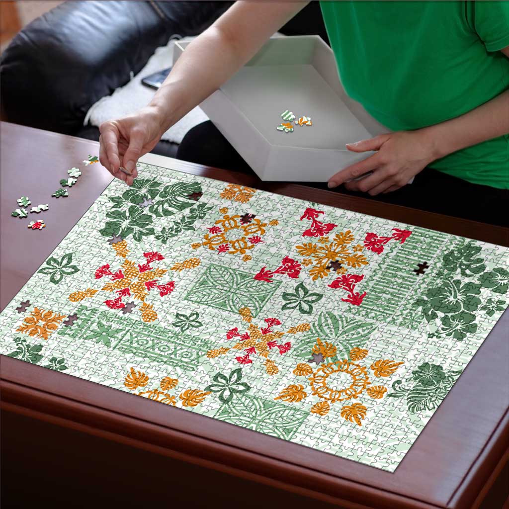 Hawaii Tapa Tribal Puzzle With Hawaiian Quilt Pattern Green LT9 - Polynesian Pride