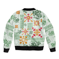 Hawaii Tapa Tribal Sleeve Zip Bomber Jacket With Hawaiian Quilt Pattern Green LT9 - Polynesian Pride