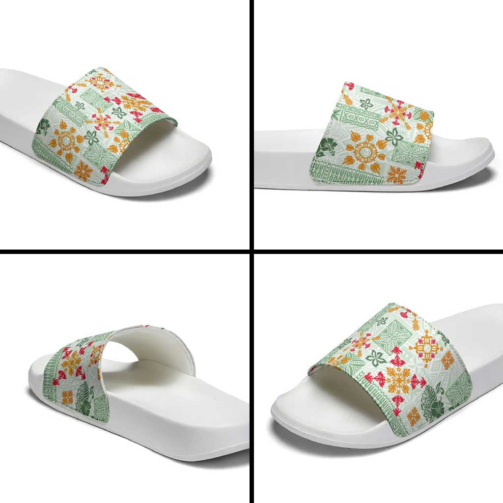 Hawaii Tapa Tribal Slide Sandals With Hawaiian Quilt Pattern Green LT9 - Polynesian Pride