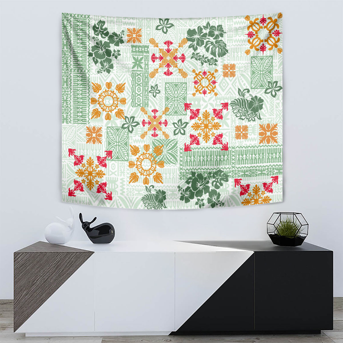 Hawaii Tapa Tribal Tapestry With Hawaiian Quilt Pattern Green LT9 - Polynesian Pride