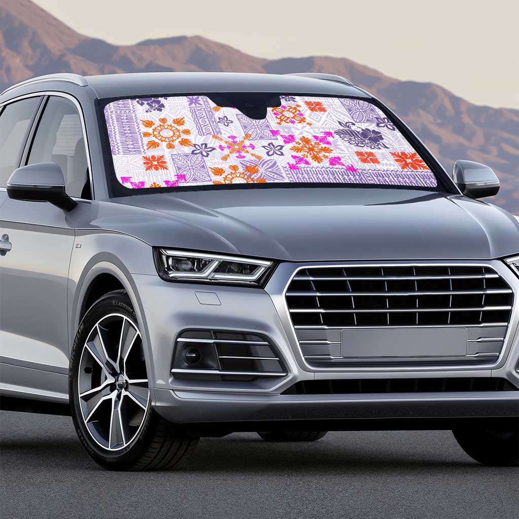 Hawaii Tapa Tribal Auto Sun Shade With Hawaiian Quilt Pattern Violet - Polynesian Pride