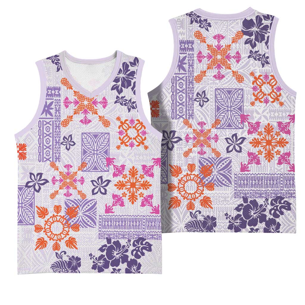 Hawaii Tapa Tribal Basketball Jersey With Hawaiian Quilt Pattern Violet - Polynesian Pride
