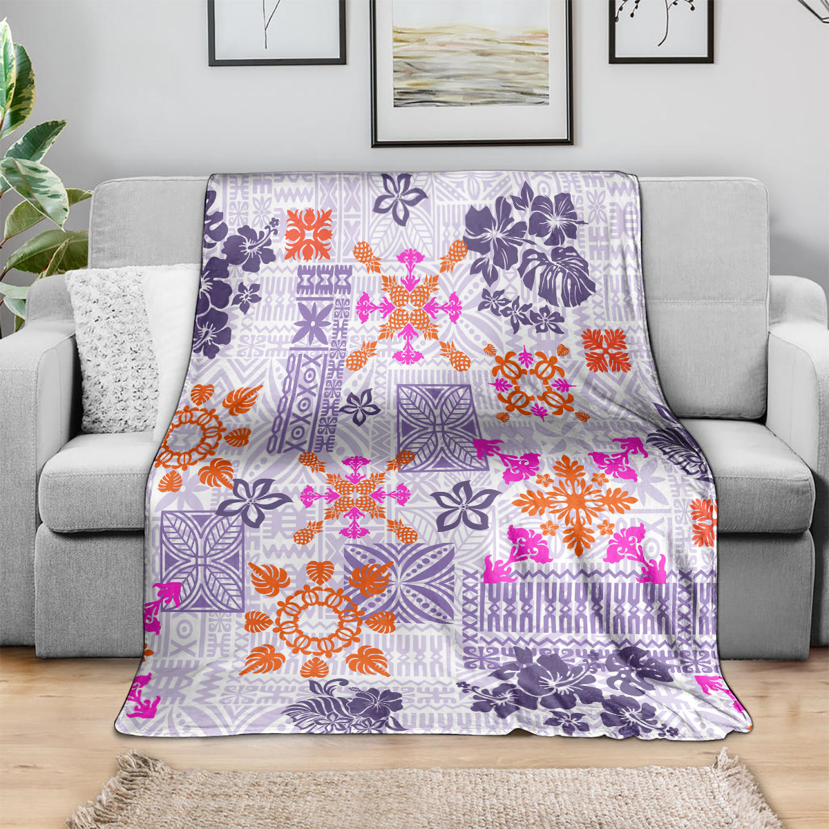 Hawaii Tapa Tribal Blanket With Hawaiian Quilt Pattern Violet LT9 - Polynesian Pride