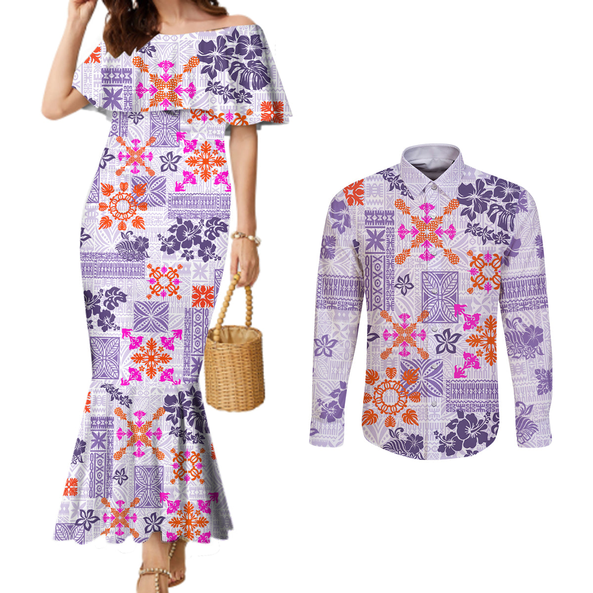 Hawaii Tapa Tribal Couples Matching Mermaid Dress and Long Sleeve Button Shirt With Hawaiian Quilt Pattern Violet LT9 Violet - Polynesian Pride