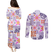 Hawaii Tapa Tribal Couples Matching Puletasi Dress and Long Sleeve Button Shirt With Hawaiian Quilt Pattern Violet LT9 - Polynesian Pride