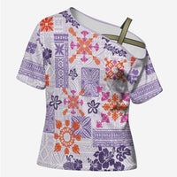 Hawaii Tapa Tribal Cross Shoulder Shirt With Hawaiian Quilt Pattern Violet LT9 Female Violet - Polynesian Pride
