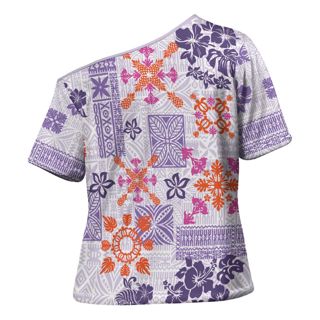 Hawaii Tapa Tribal Cross Shoulder Shirt With Hawaiian Quilt Pattern Violet LT9 - Polynesian Pride