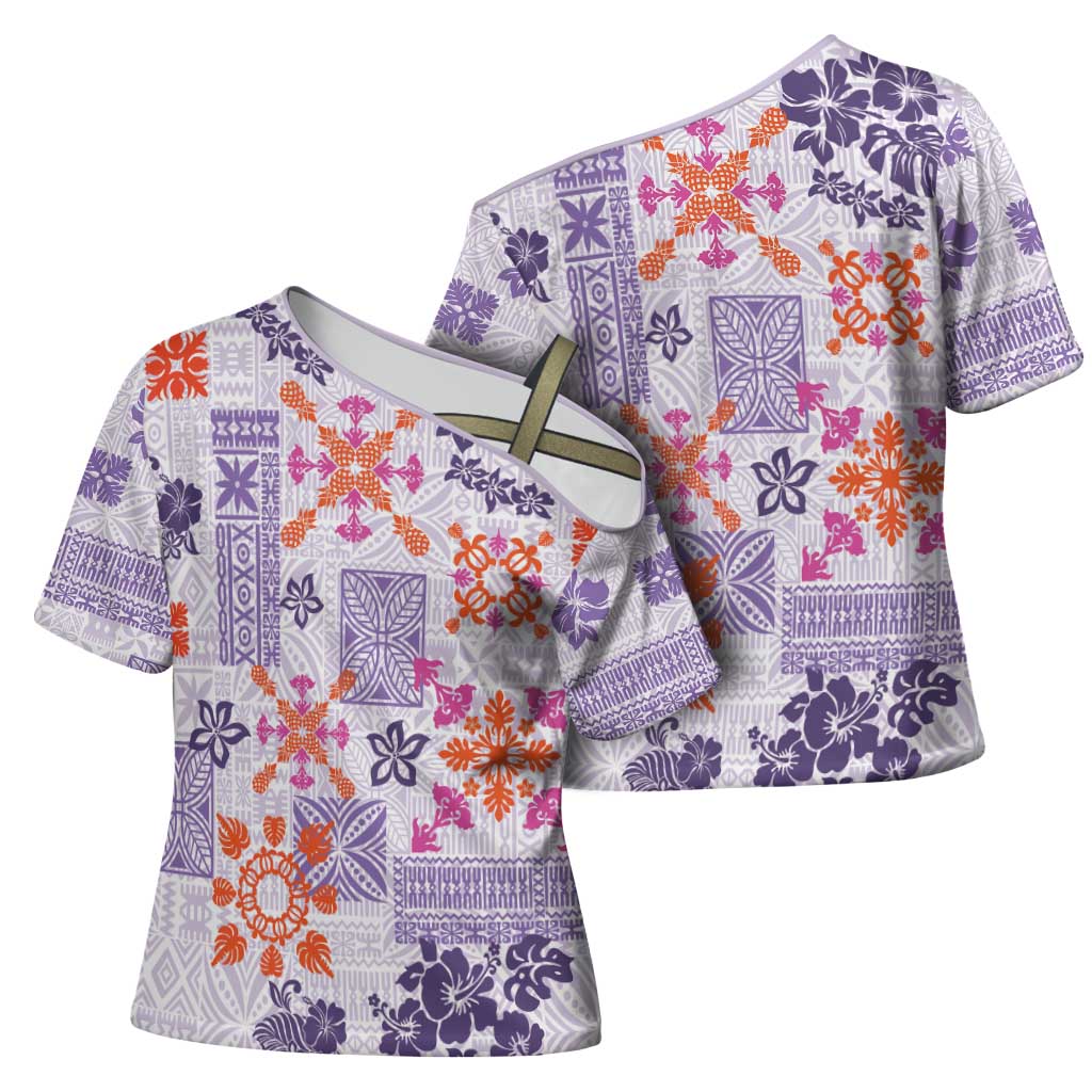Hawaii Tapa Tribal Cross Shoulder Shirt With Hawaiian Quilt Pattern Violet LT9 - Polynesian Pride