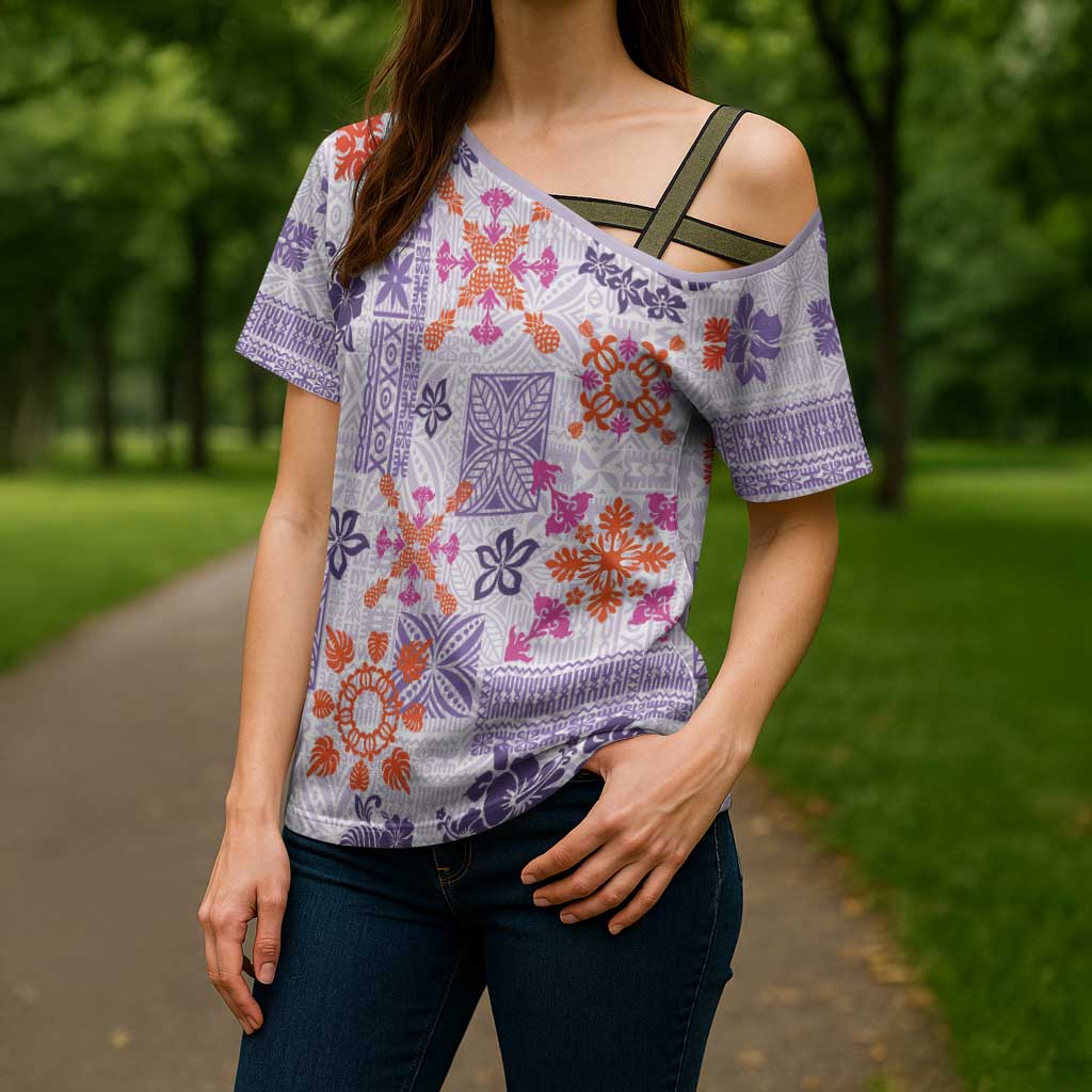 Hawaii Tapa Tribal Cross Shoulder Shirt With Hawaiian Quilt Pattern Violet LT9 - Polynesian Pride