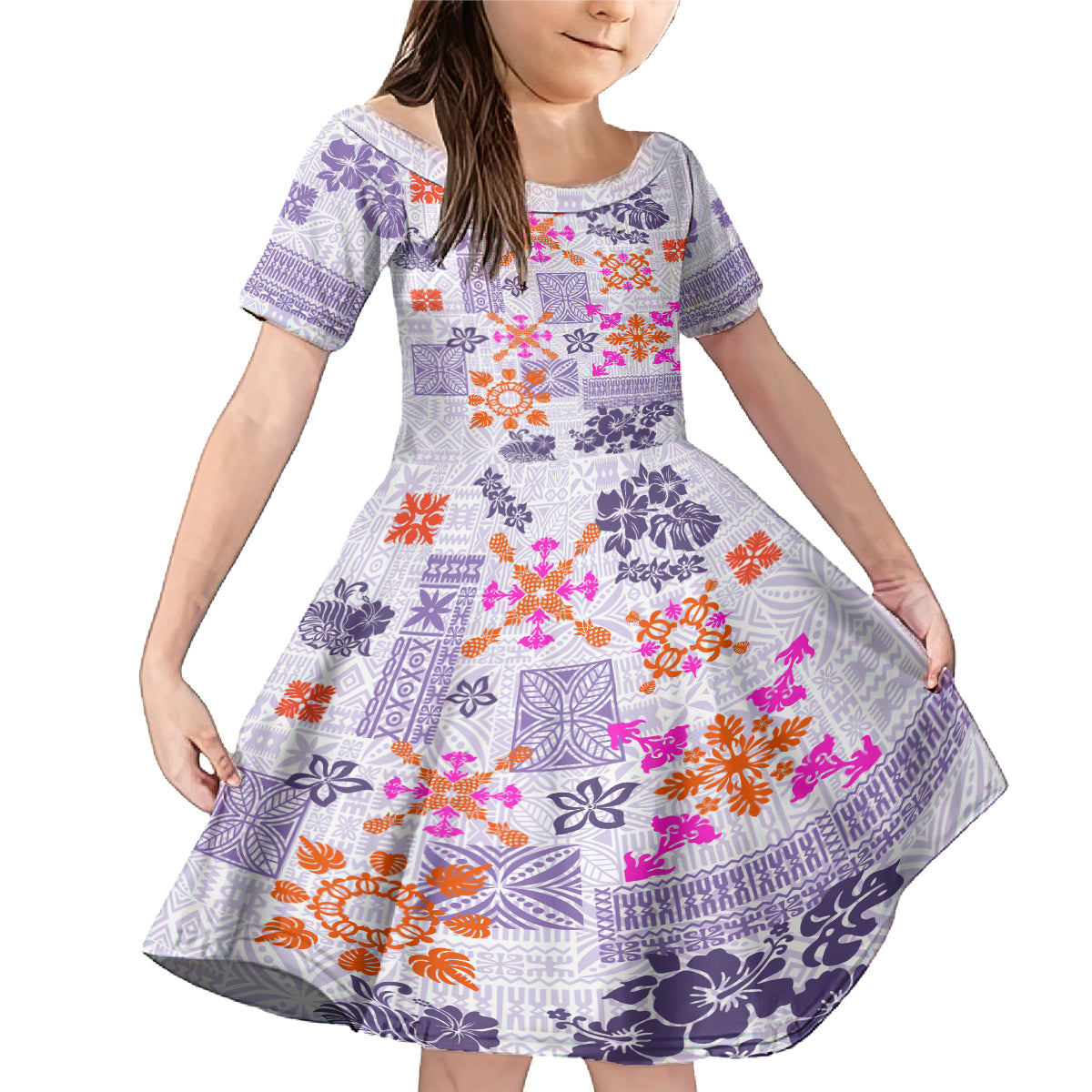 Hawaii Tapa Tribal Family Matching Mermaid Dress and Hawaiian Shirt With Hawaiian Quilt Pattern Violet LT9 Daughter's Dress Violet - Polynesian Pride