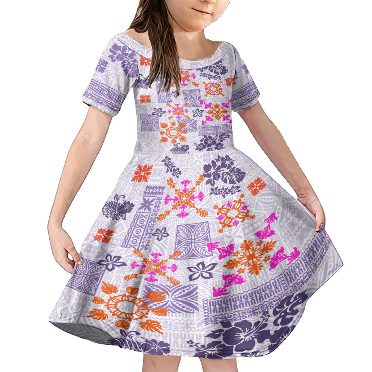 Hawaii Tapa Tribal Family Matching Puletasi Dress and Hawaiian Shirt With Hawaiian Quilt Pattern Violet LT9 Daughter's Dress Violet - Polynesian Pride