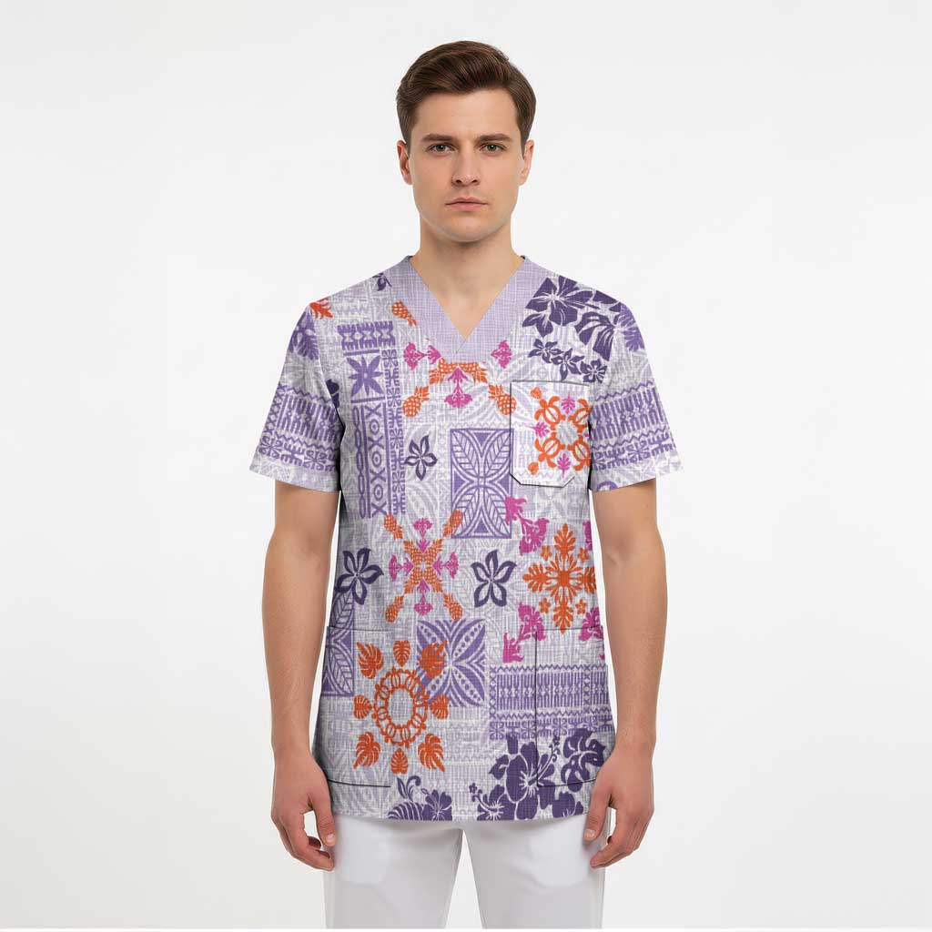 Hawaii Tapa Tribal Scrub Top With Hawaiian Quilt Pattern Violet - Polynesian Pride