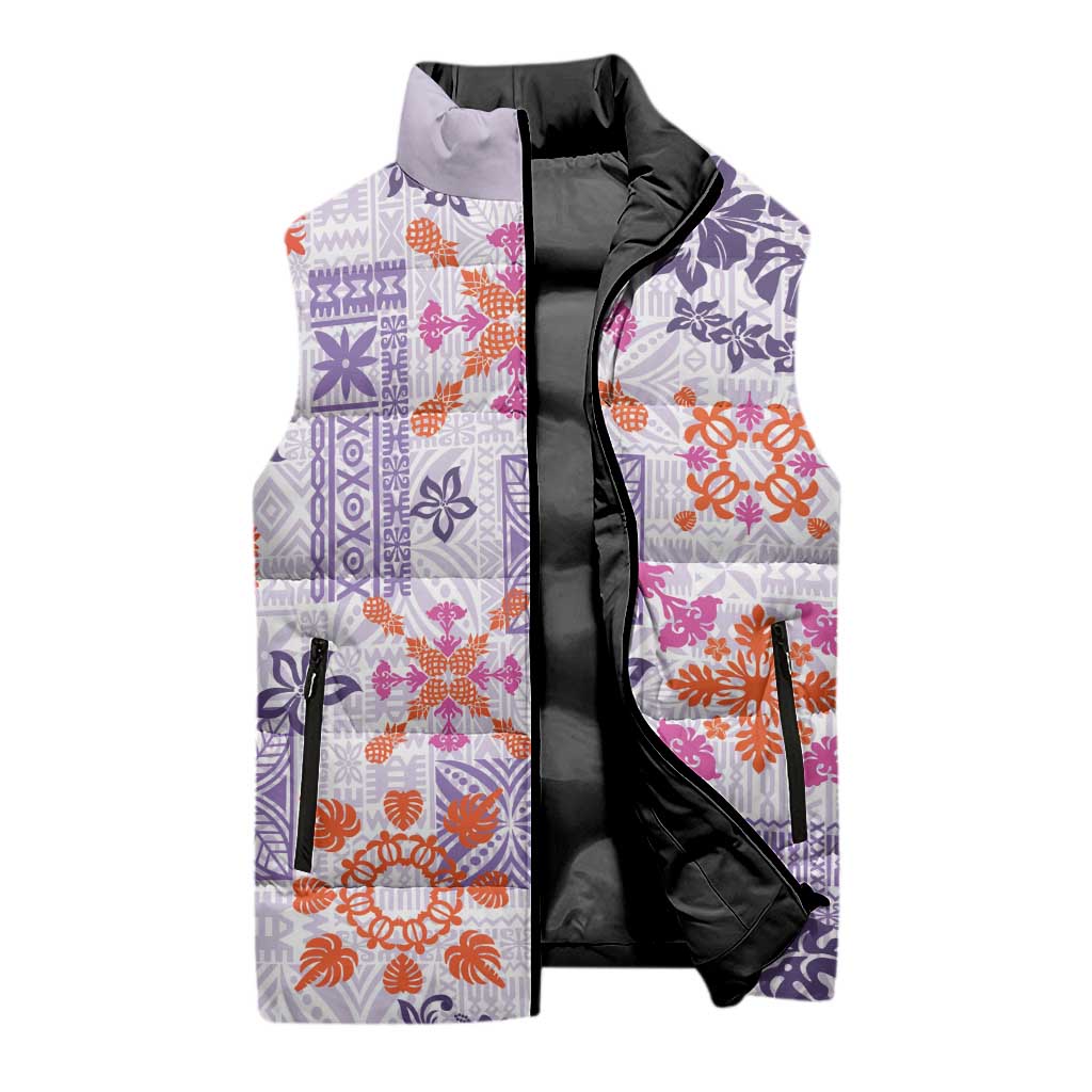 Hawaii Tapa Tribal Sleeveless Puffer Jacket With Hawaiian Quilt Pattern Violet LT9 - Polynesian Pride