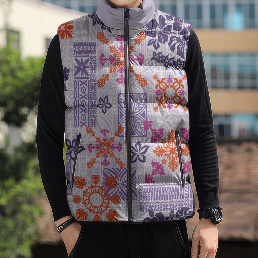 Hawaii Tapa Tribal Sleeveless Puffer Jacket With Hawaiian Quilt Pattern Violet LT9 - Polynesian Pride