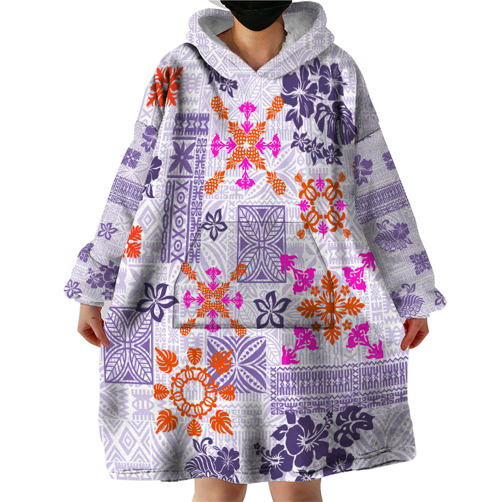 Hawaii Tapa Tribal Wearable Blanket Hoodie With Hawaiian Quilt Pattern Violet LT9 - Polynesian Pride