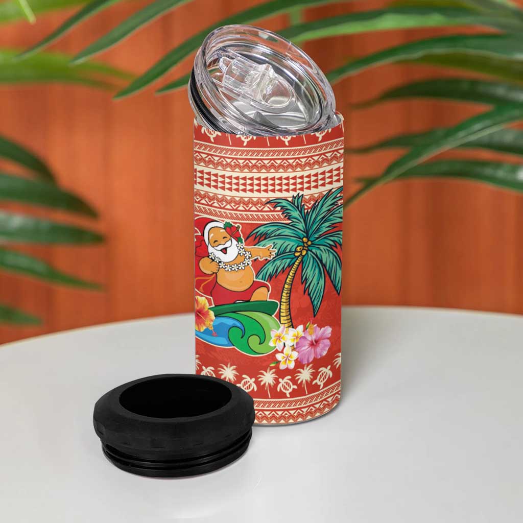 Hawaii Mele Kalikimaka 4 in 1 Can Cooler Tumbler Surfing Santa Funny Christmas
