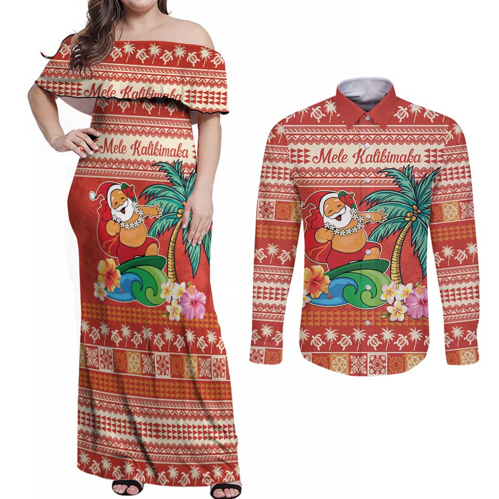Hawaii Mele Kalikimaka Couples Matching Off Shoulder Maxi Dress and Long Sleeve Button Shirt Surfing Santa Funny Christmas