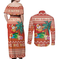 Hawaii Mele Kalikimaka Couples Matching Off Shoulder Maxi Dress and Long Sleeve Button Shirt Surfing Santa Funny Christmas
