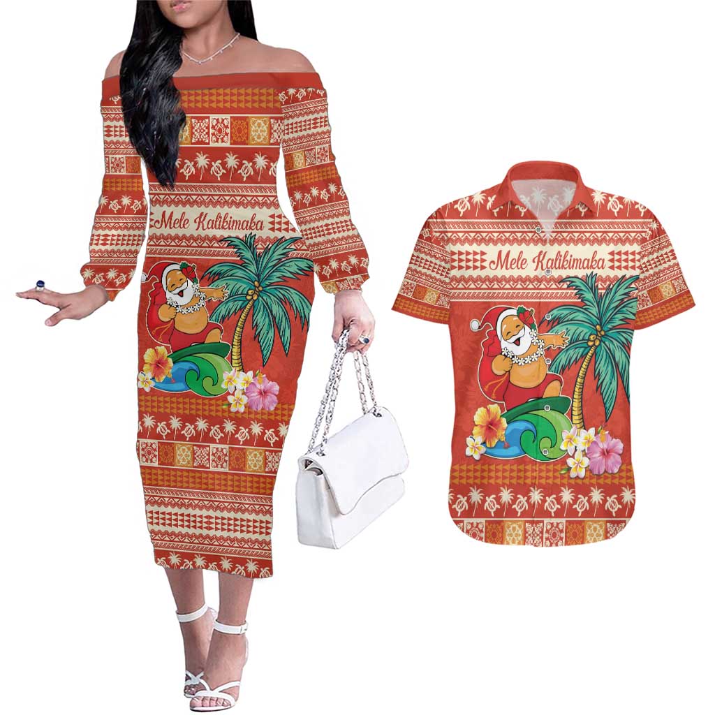 Hawaii Mele Kalikimaka Couples Matching Off The Shoulder Long Sleeve Dress and Hawaiian Shirt Surfing Santa Funny Christmas