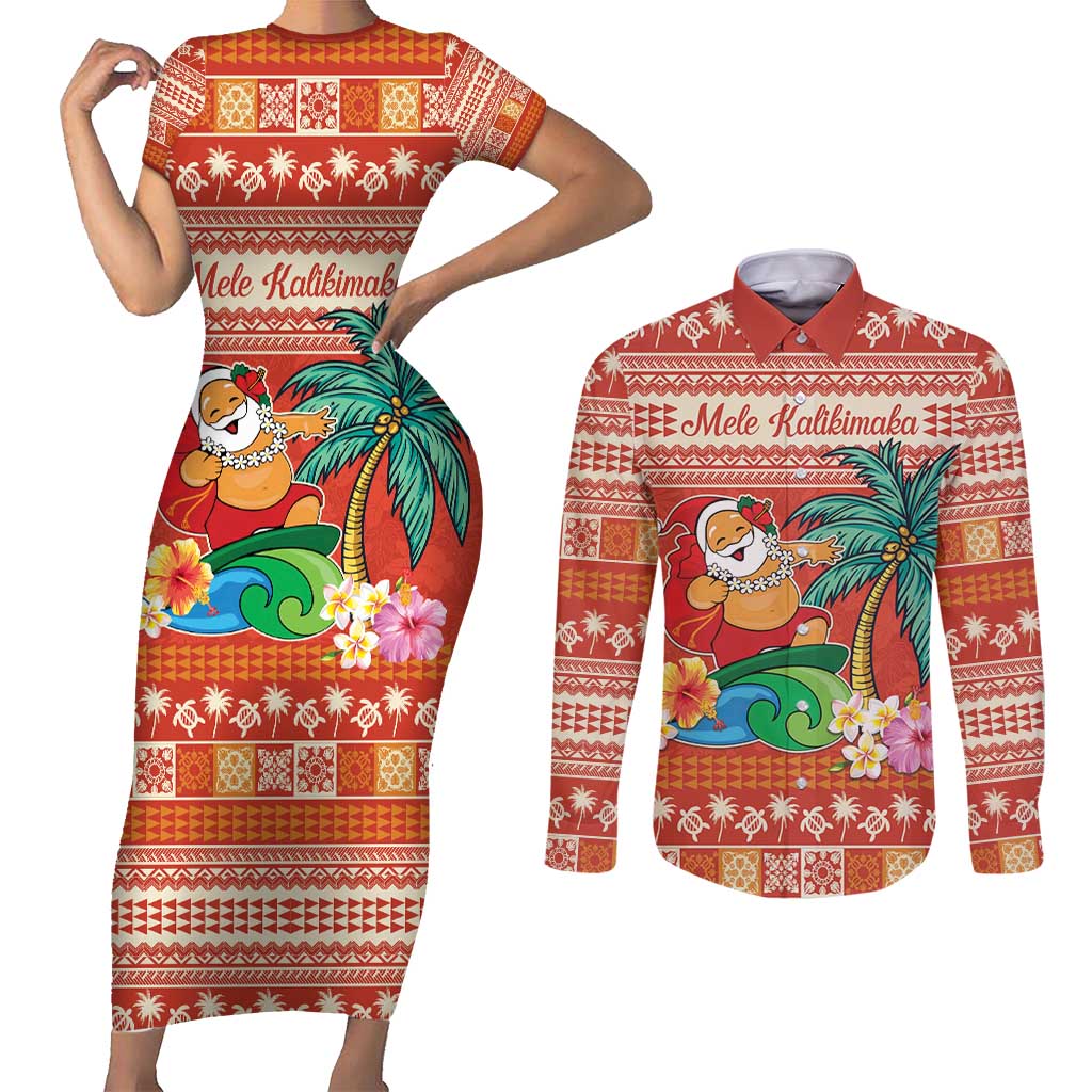 Hawaii Mele Kalikimaka Couples Matching Short Sleeve Bodycon Dress and Long Sleeve Button Shirt Surfing Santa Funny Christmas