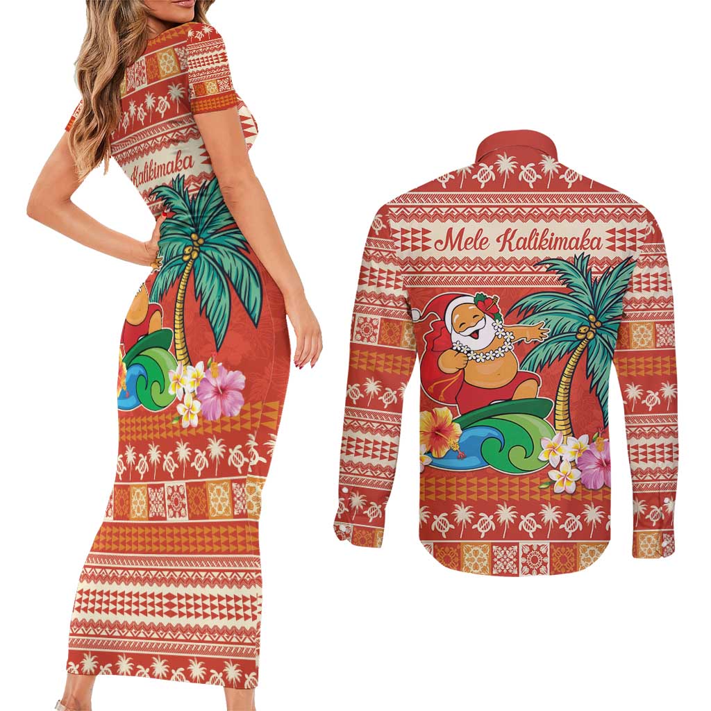 Hawaii Mele Kalikimaka Couples Matching Short Sleeve Bodycon Dress and Long Sleeve Button Shirt Surfing Santa Funny Christmas