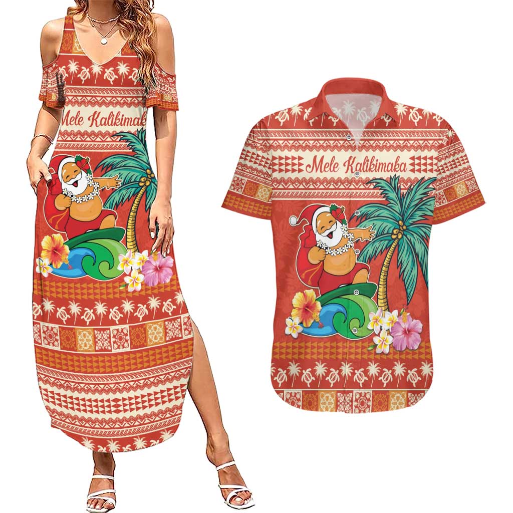 Hawaii Mele Kalikimaka Couples Matching Summer Maxi Dress and Hawaiian Shirt Surfing Santa Funny Christmas
