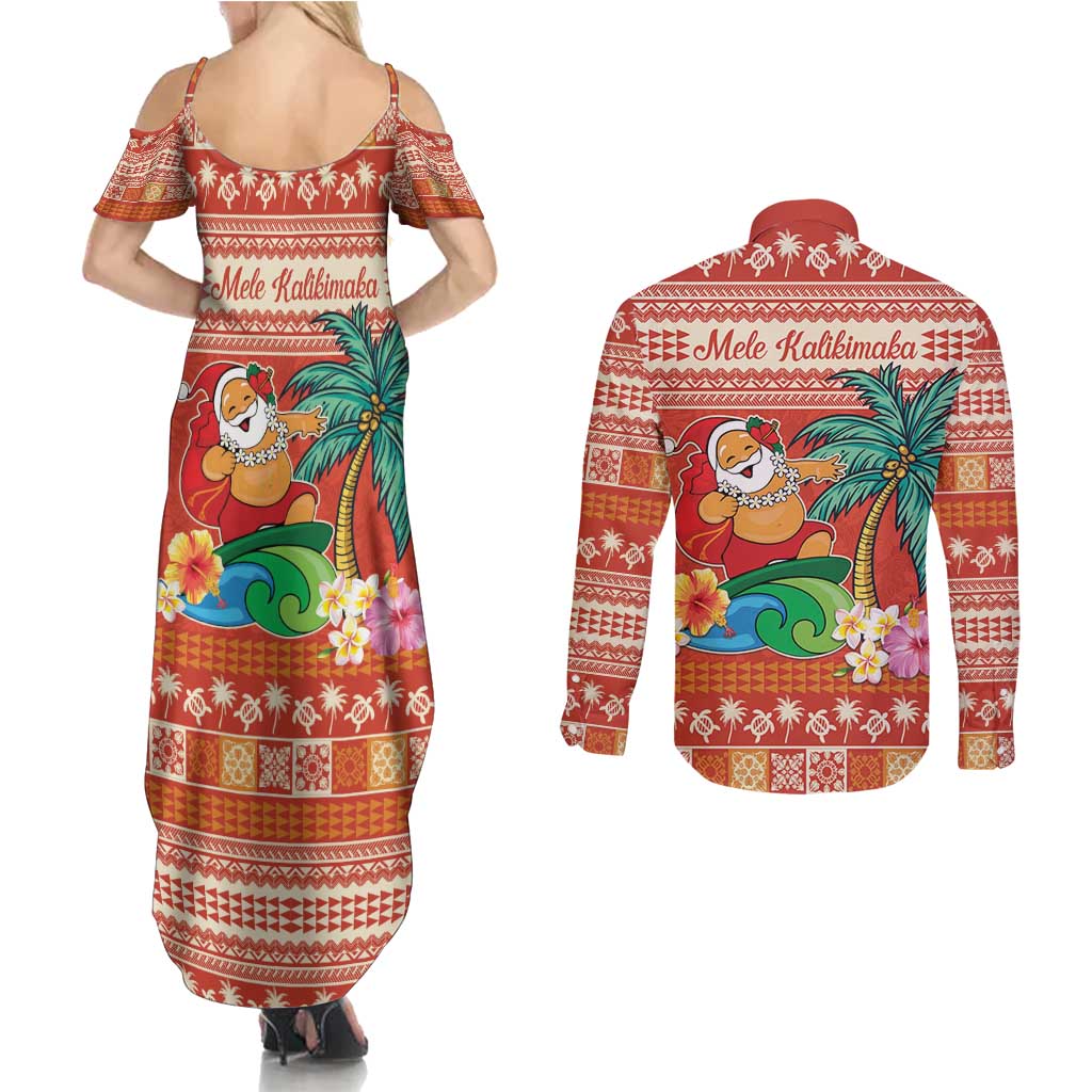 Hawaii Mele Kalikimaka Couples Matching Summer Maxi Dress and Long Sleeve Button Shirt Surfing Santa Funny Christmas