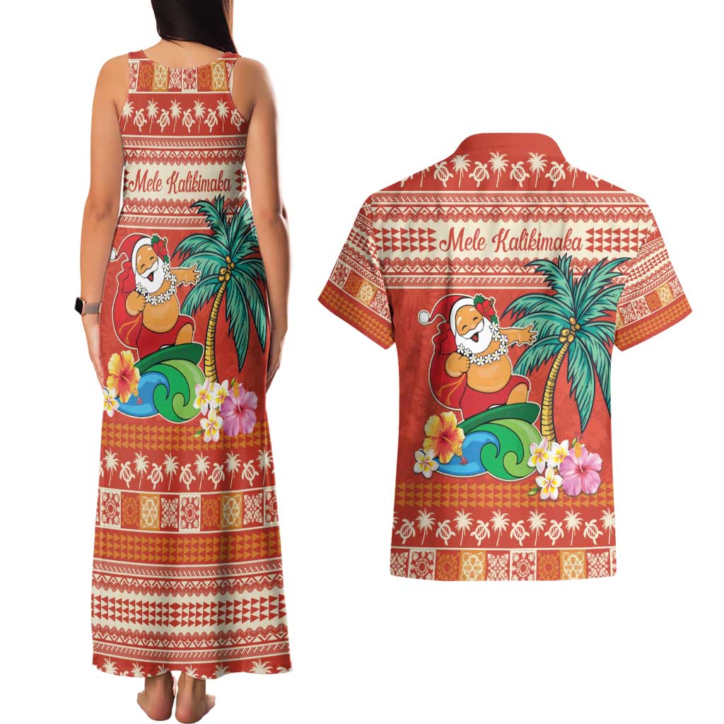 Hawaii Mele Kalikimaka Couples Matching Tank Maxi Dress and Hawaiian Shirt Surfing Santa Funny Christmas