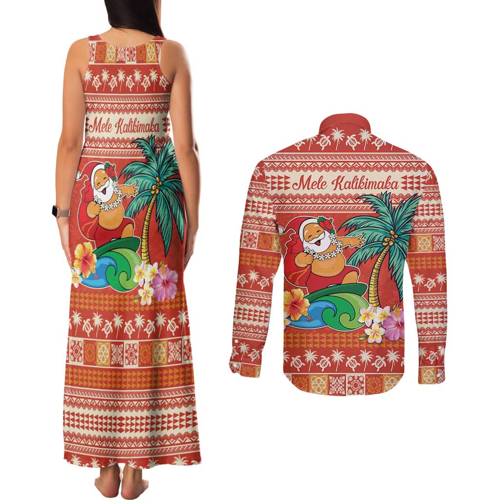 Hawaii Mele Kalikimaka Couples Matching Tank Maxi Dress and Long Sleeve Button Shirt Surfing Santa Funny Christmas