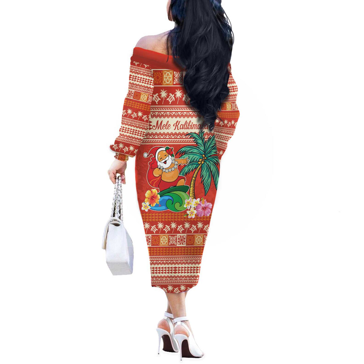 Hawaii Mele Kalikimaka Off The Shoulder Long Sleeve Dress Surfing Santa Funny Christmas