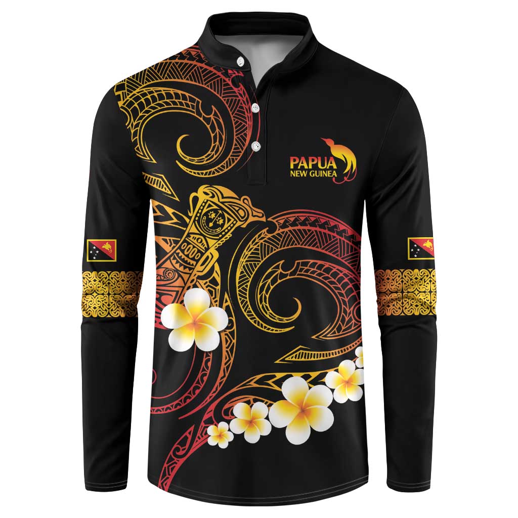 Personalised Papua New Guinea Sepik Button Sweatshirt Plumeria Floral Tribal Pattern LT9 Black - Polynesian Pride