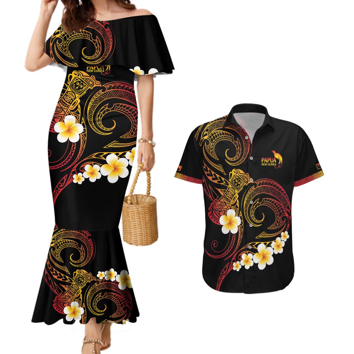 Personalised Papua New Guinea Sepik Couples Matching Mermaid Dress and Hawaiian Shirt Plumeria Floral Tribal Pattern LT9 Black - Polynesian Pride