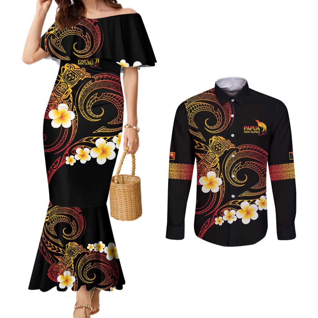 Personalised Papua New Guinea Sepik Couples Matching Mermaid Dress and Long Sleeve Button Shirt Plumeria Floral Tribal Pattern - Polynesian Pride