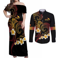 Personalised Papua New Guinea Sepik Couples Matching Off Shoulder Maxi Dress and Long Sleeve Button Shirt Plumeria Floral Tribal Pattern LT9 Black - Polynesian Pride