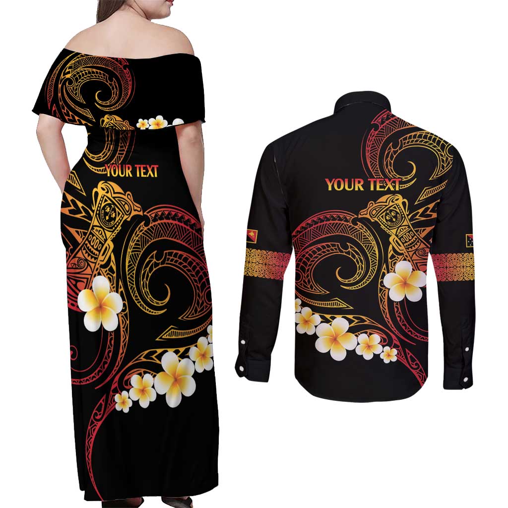 Personalised Papua New Guinea Sepik Couples Matching Off Shoulder Maxi Dress and Long Sleeve Button Shirt Plumeria Floral Tribal Pattern LT9 - Polynesian Pride